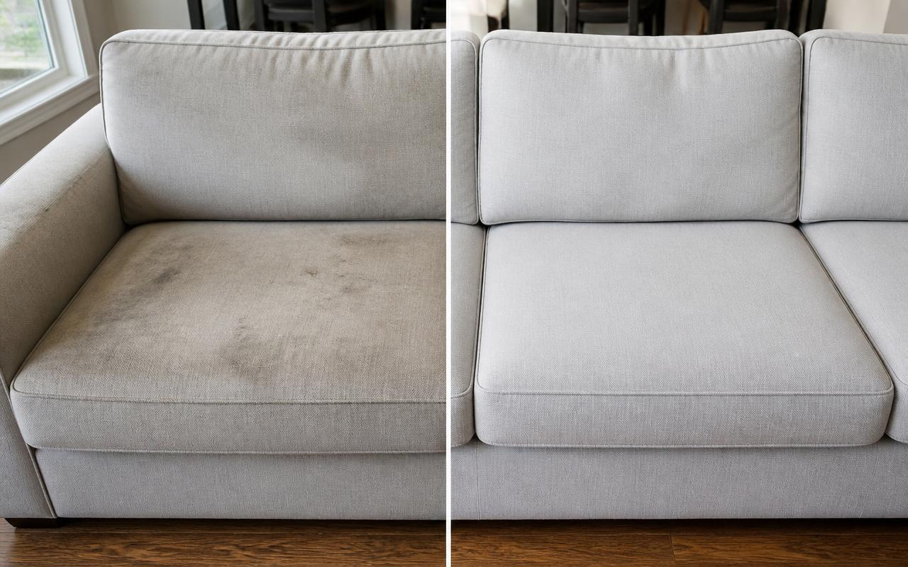 Avant et après nettoyage d'un canapé 3 places en tissu gris à Dijon par TO CLEAN