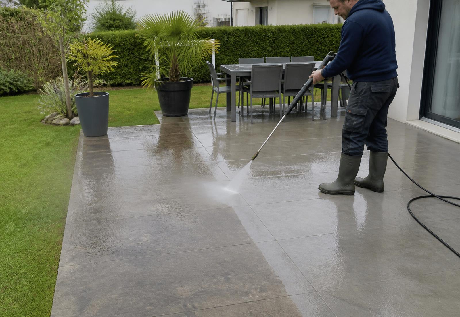 Nettoyage haute pression d'une terrasse en pierre à Dijon, avant et après